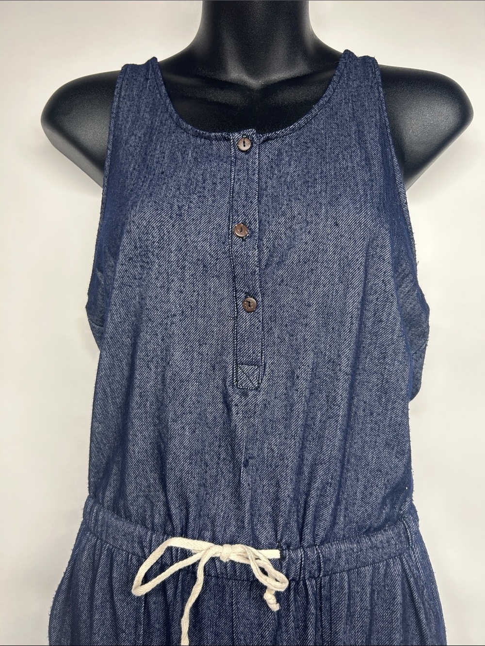 Sleeveless Navy Denim colored Jumpsuit with Drawstring Waist med soft - Picture 2 of 6